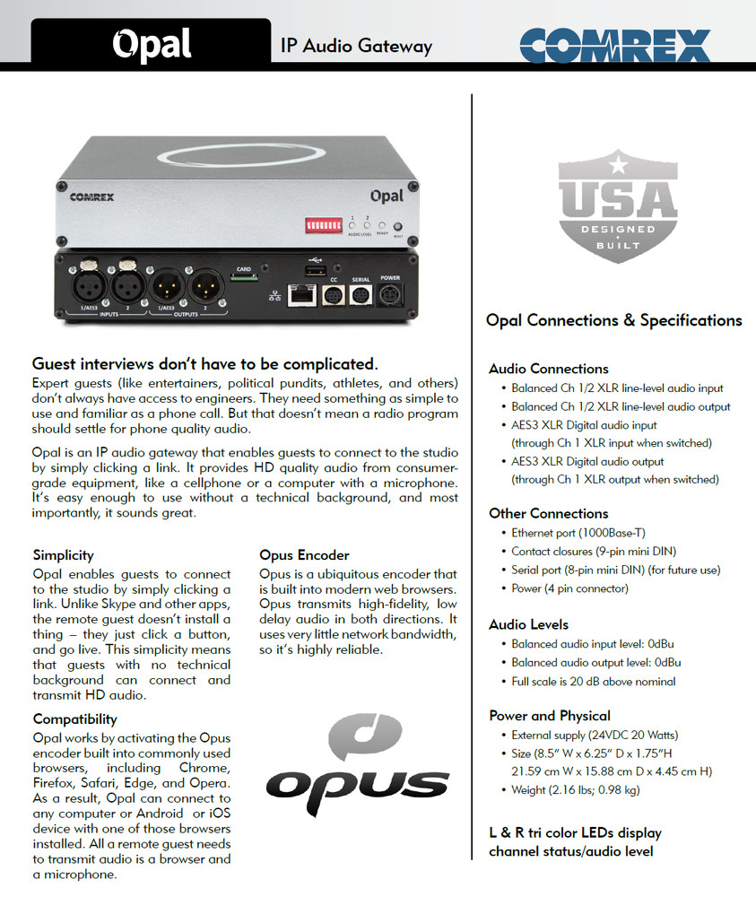 Comrex Opal Digital Wideband Broadcast Opus Codec 2-Line Audio Over IP Endpoint
