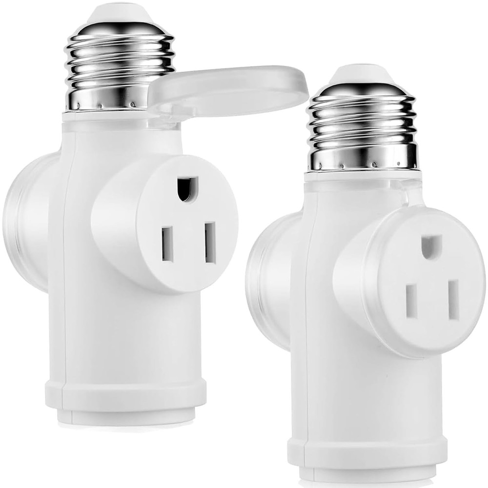 Light Socket Adapter 3 Prong Splitter Waterproof Dustproof White 2-Pack