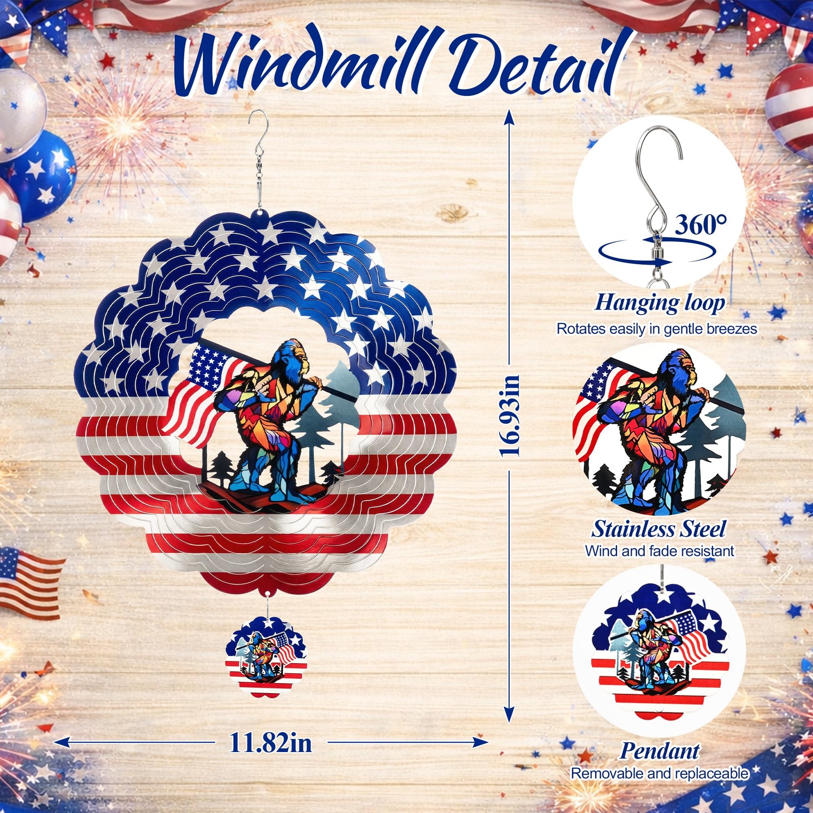 SUNCKET Bigfoot Wind Spinner, 12 Inch Stainless Steel Outdoor Garden Decor with