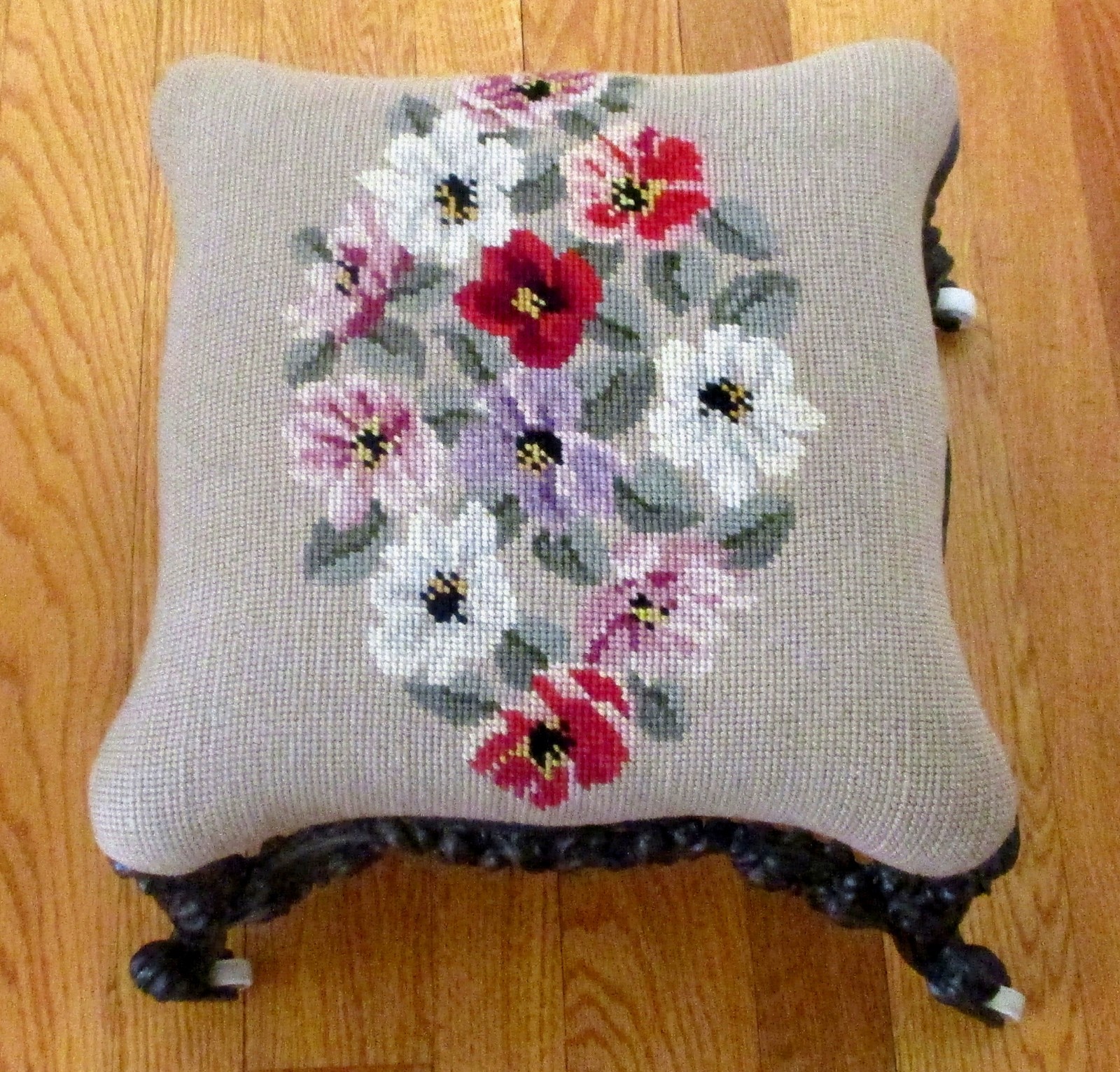 Atq Victorian Cast Iron Footstool Ottoman Ornate Rococo Base Floral Needlepoint