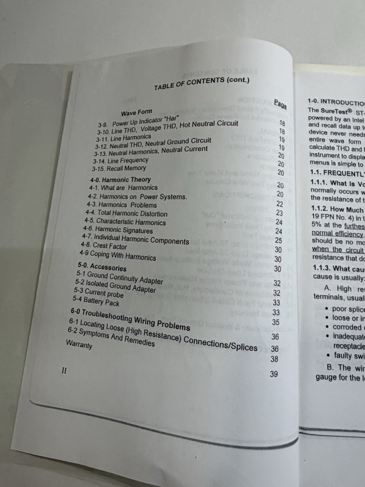 SureTest ST-1THD Digital Wiring / Harmonic Analyzer User Guide Manual Booklet