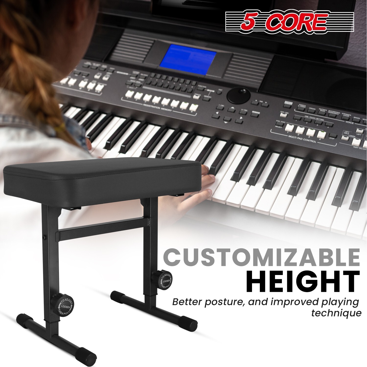 5Core Piano Bench 3" Padded Cushion Adjustable Keyboard Stool Musician Chair