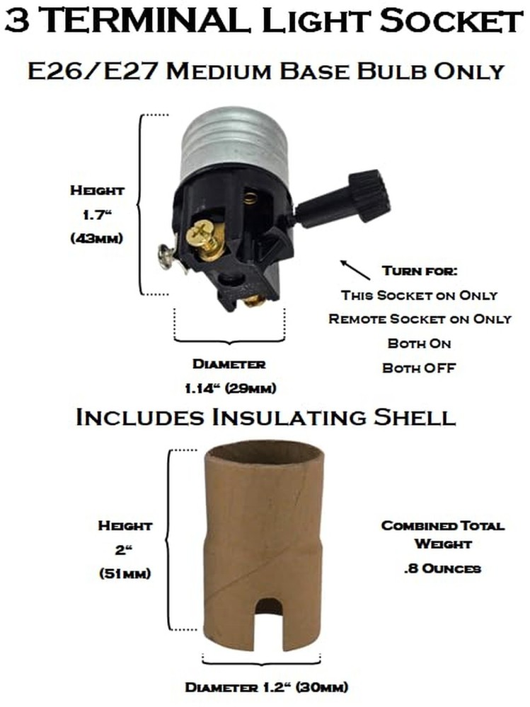 3-Terminal E26 Medium Base Socket Interior with Turn Knob Socket + Insulator