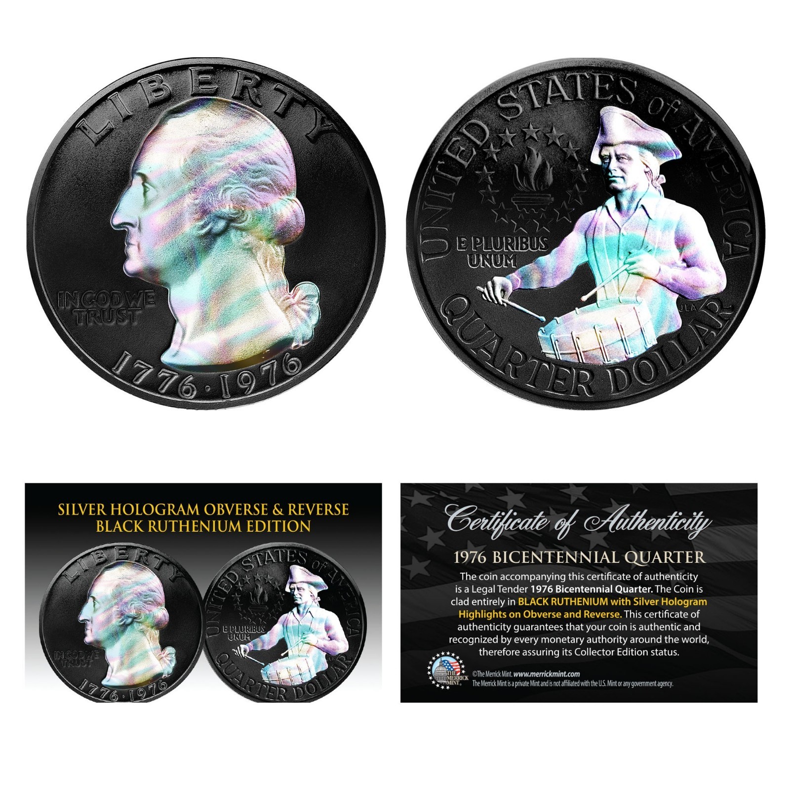 1976 Bicentennial Genuine Quarter Coin - BLACK RUTHENIUM & SILVER HOLOGRAM