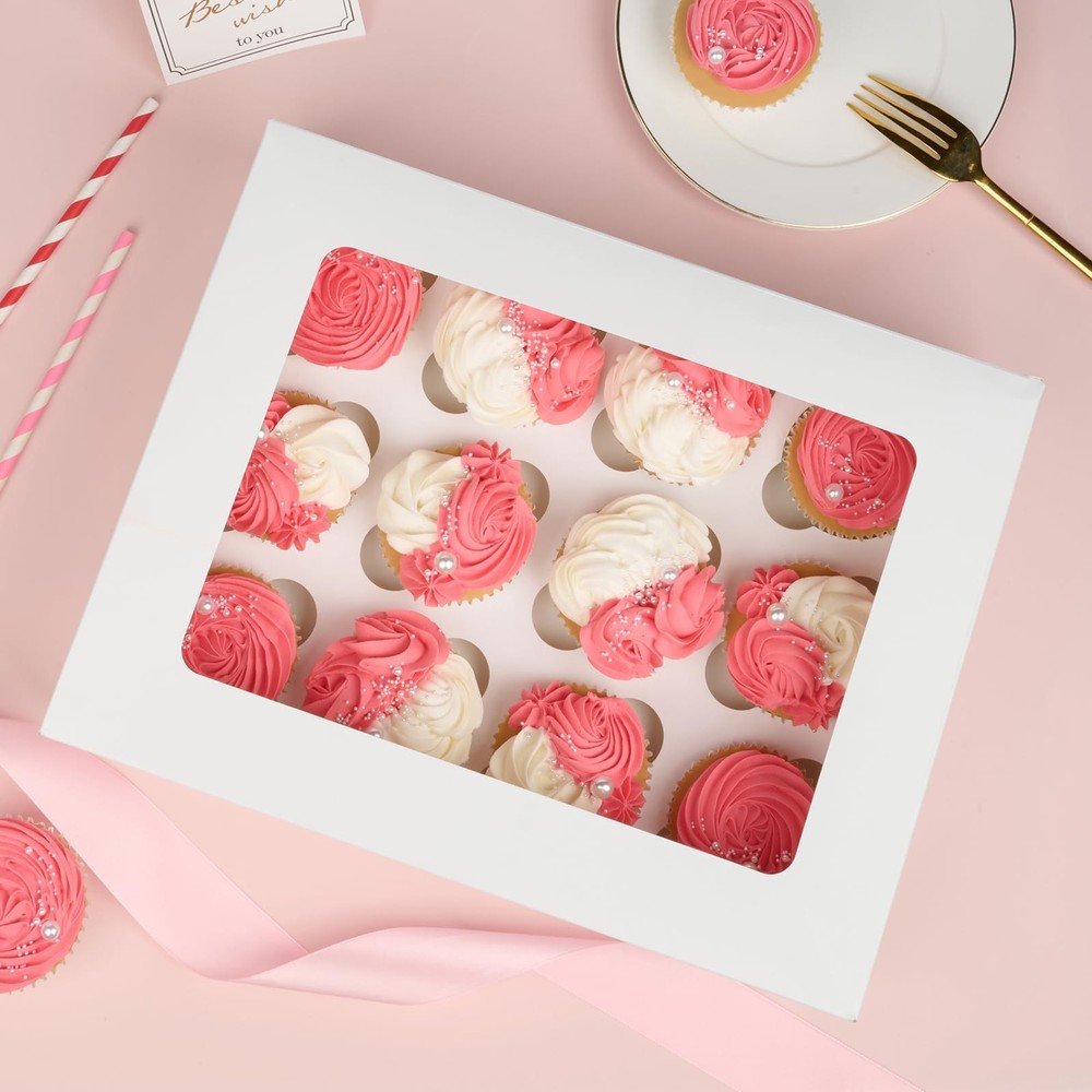 12 Count Cupcake Boxes, 4 Pack Auto-Popup White Cupcake Containers with Windo...
