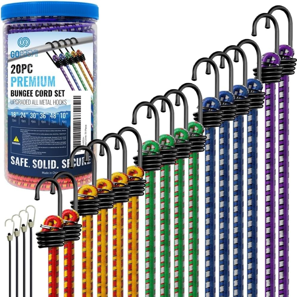 Durable 20-Piece Multicolor Bungee Cord Bundle with Hooks - Maximum Load 50kg