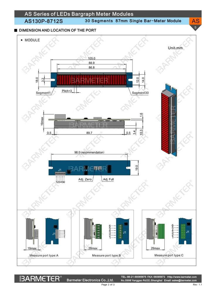 30seg 87mm LED Bar graph Module, DC24V power supply,4-20mA input,Emerald green