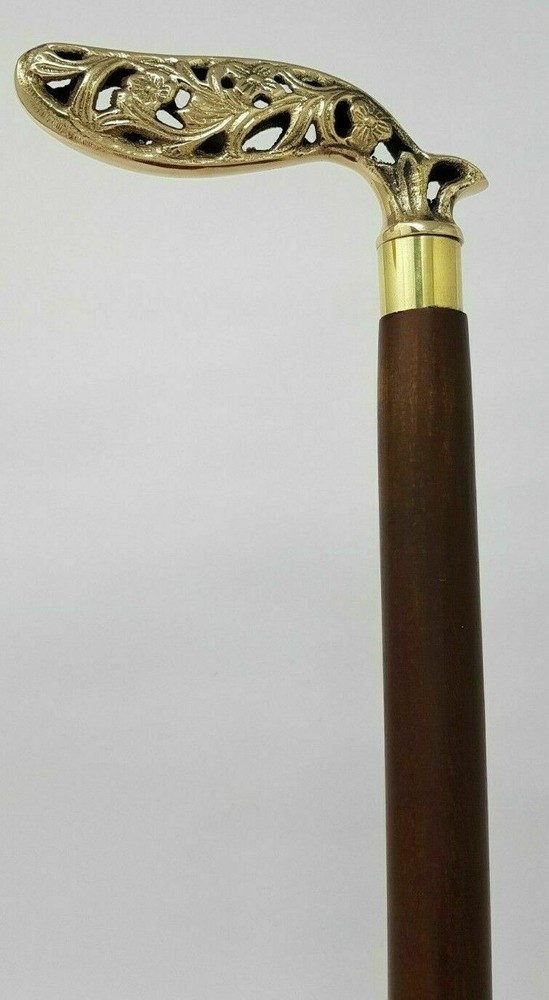 New Engraved Solid Brass Designer Leaf Head Handle Wooden Walking Stick Handmade