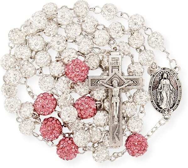 White with Pink Beads Rhinestones Crystal Beads Catholic Rosary Necklace