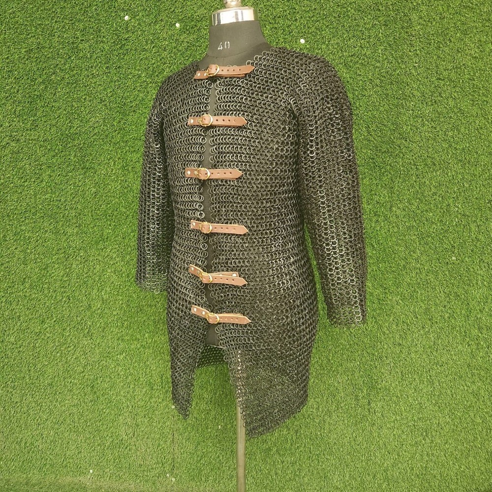 9mm Chainmail Shirt Haubergeon – Flat Riveted & Solid Ring Medieval Armor