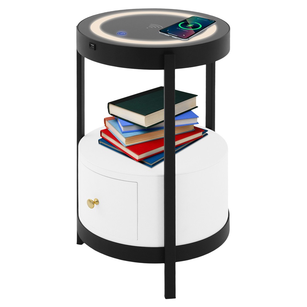 Round Side Table with Wireless Charging, Smart LED Nightstand w/ White Drawer