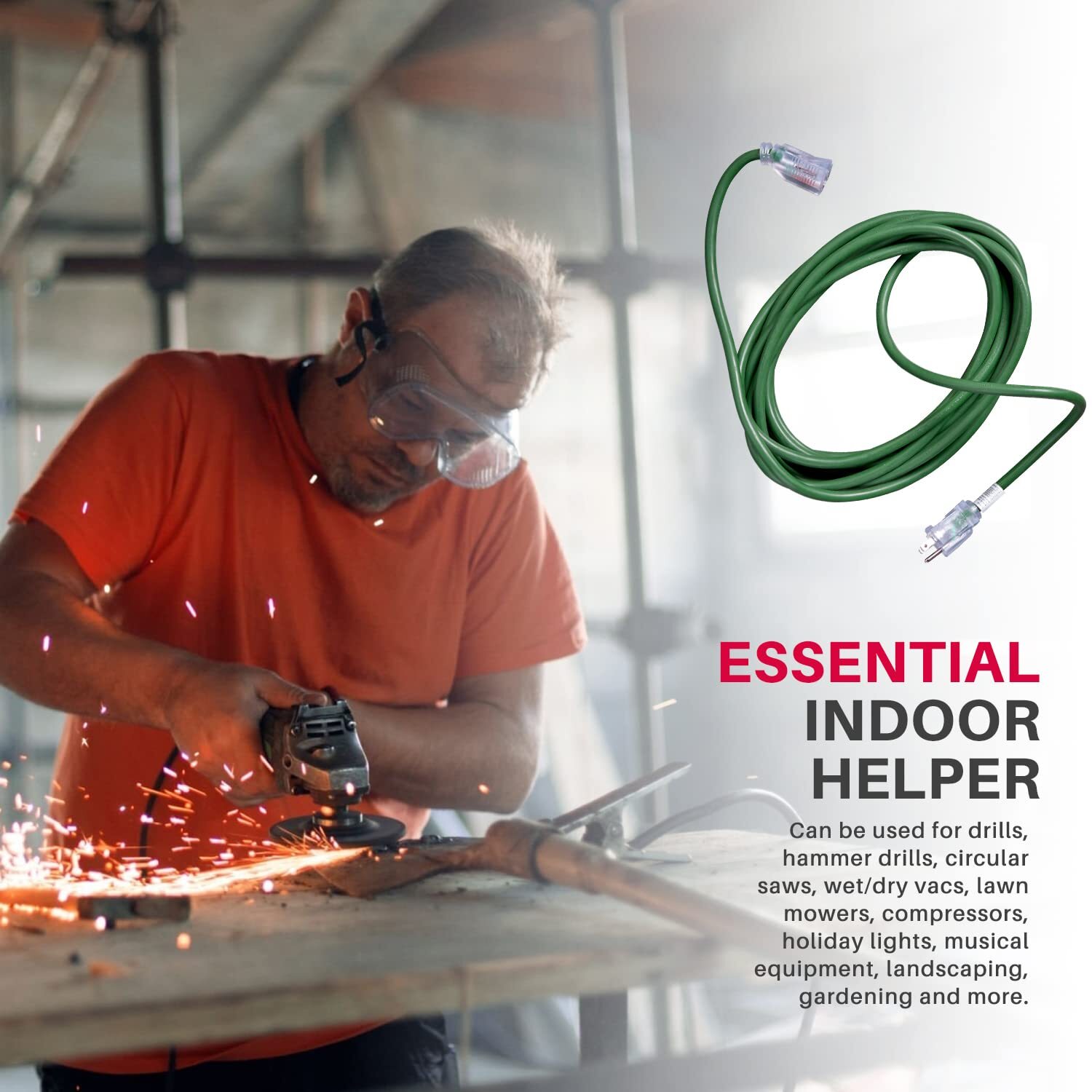 50ft Power Outdoor Extension Cord & Indoor - Waterproof Electric Drop Cord Cable