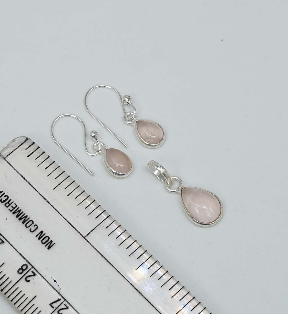 925 Solid Sterling Silver Pink Rose Quartz Hook Earring Pendant Set