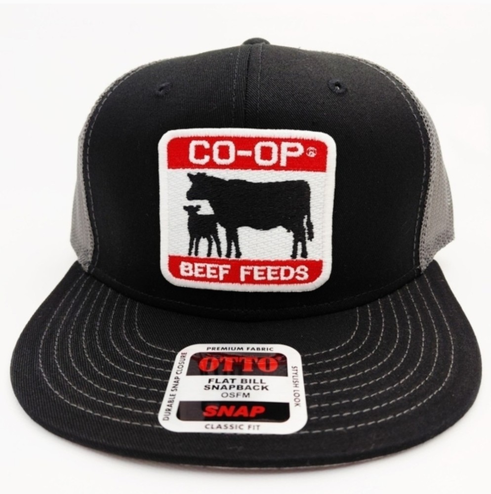 Co-Op Beef Feeds Flat Bill Trucker Cap Hat Mesh Snapback Embroidered Patch Farm