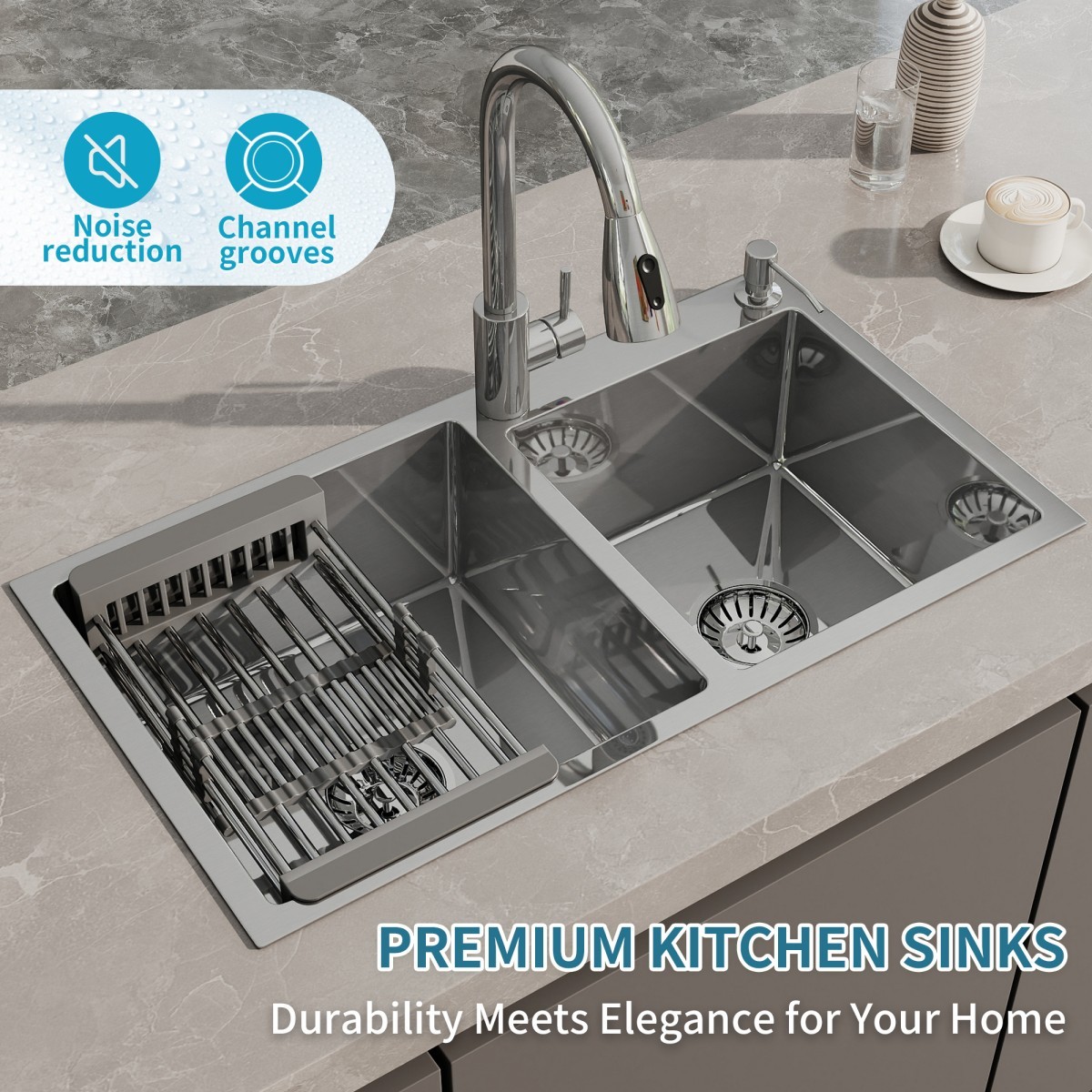 Stainless Steel Kitchen Sink 30" 32" Drop In Top Mount Double Bowl with Faucet