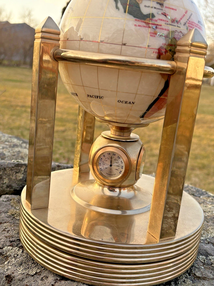 Beautiful Antique Precious Gemstone World Globe With Clock, Hydrometer, & Temp