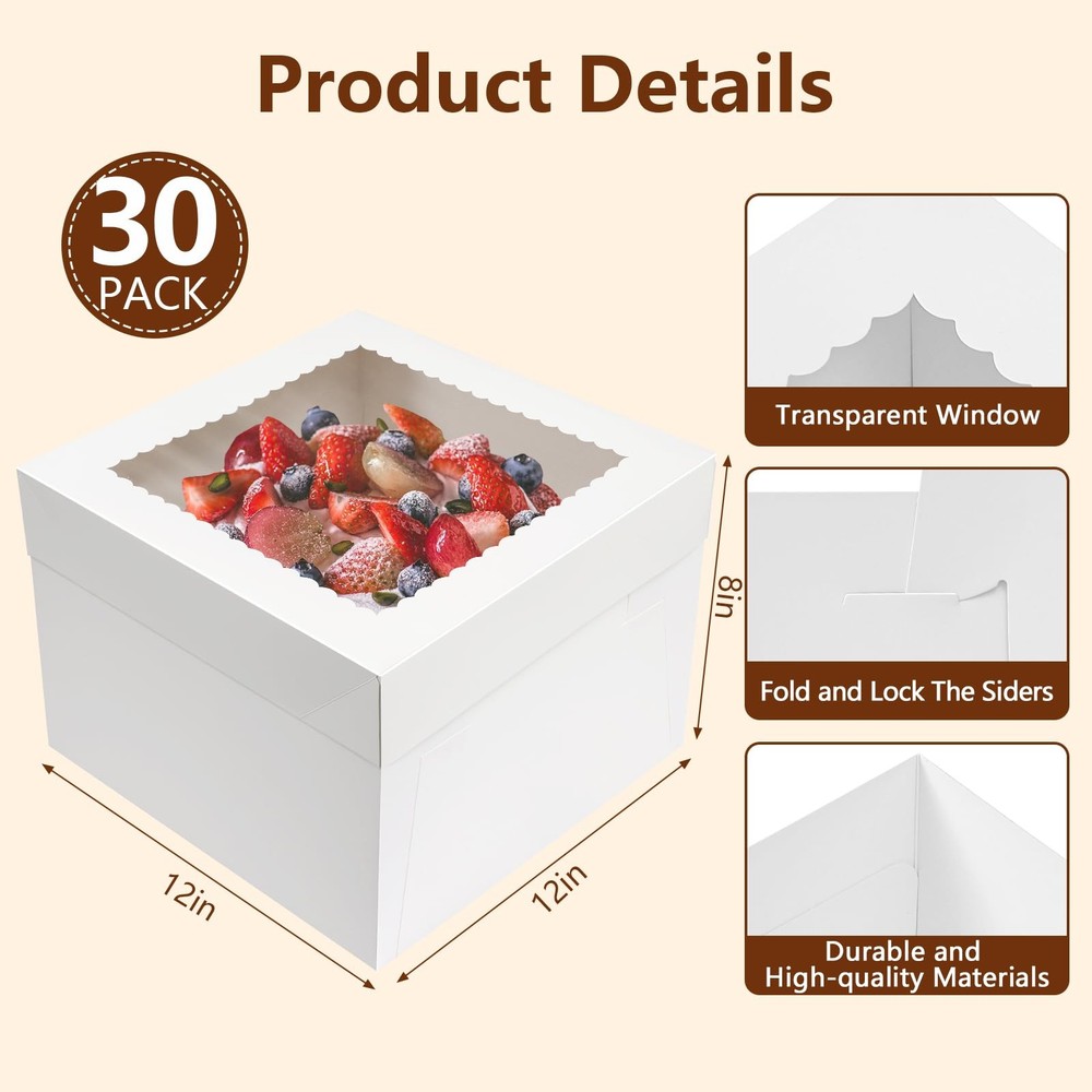 30 Pcs Cake Boxes, 12x12x8 Inch White Bakery Boxes with Window Cake Container...