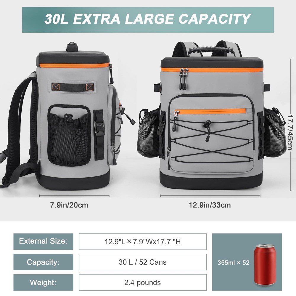 Large 52 Cans Insulated Cooler Backpack, Waterproof, Leak Proof, 30L Capacity