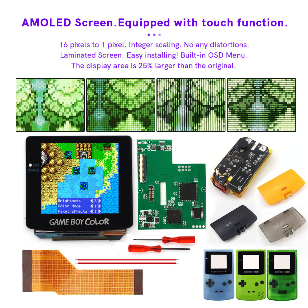 Touch Laminated OLED Screen AMOLED Screen+Pre-cut Case W/1500mAh Battery For GBC