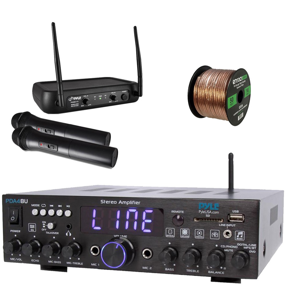 Pyle Home Theater Amplifier Receiver, Wireless Microphone System + Speaker Wire