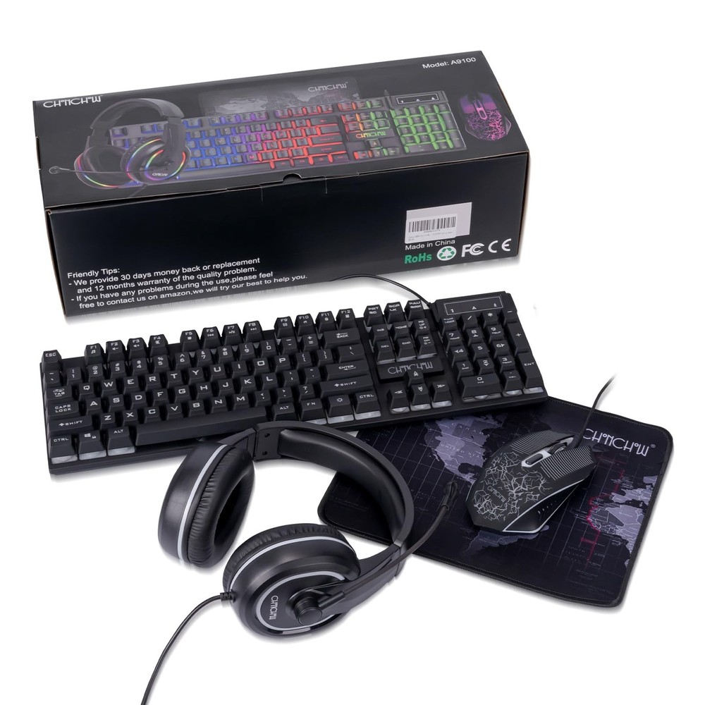Gaming LED Keyboard Mouse Headset and Mousepad Bundle, CHONCHOW Wired Rainbow...