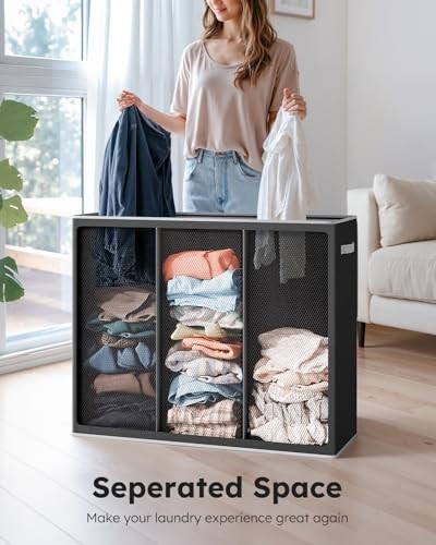 Laundry Hamper 3 Section, Extra Large Laundry Hamper with Lid, 180L Black