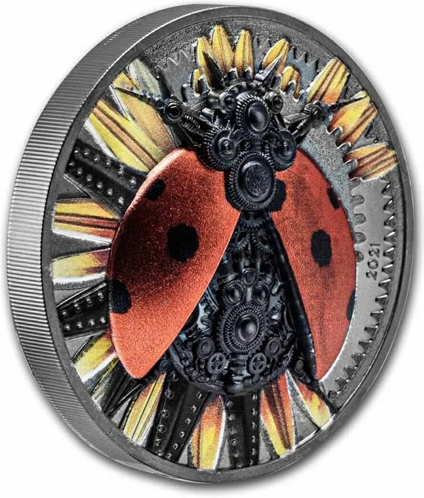 2021 Mongolia Clockwork Evolution MECHANICAL LADYBUG 3 Oz Silver Proof Coin.