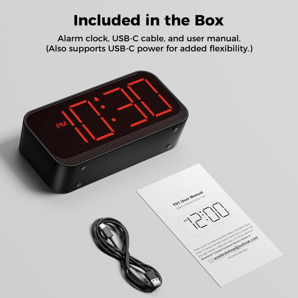 Battery Clock, Big Red Numbers, 4 Dimmable Levels, Portable