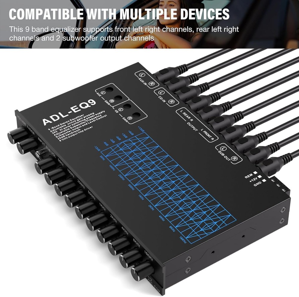 9-Band Car Equalizer with CD/AUX Input & Adjustable Subwoofer Control