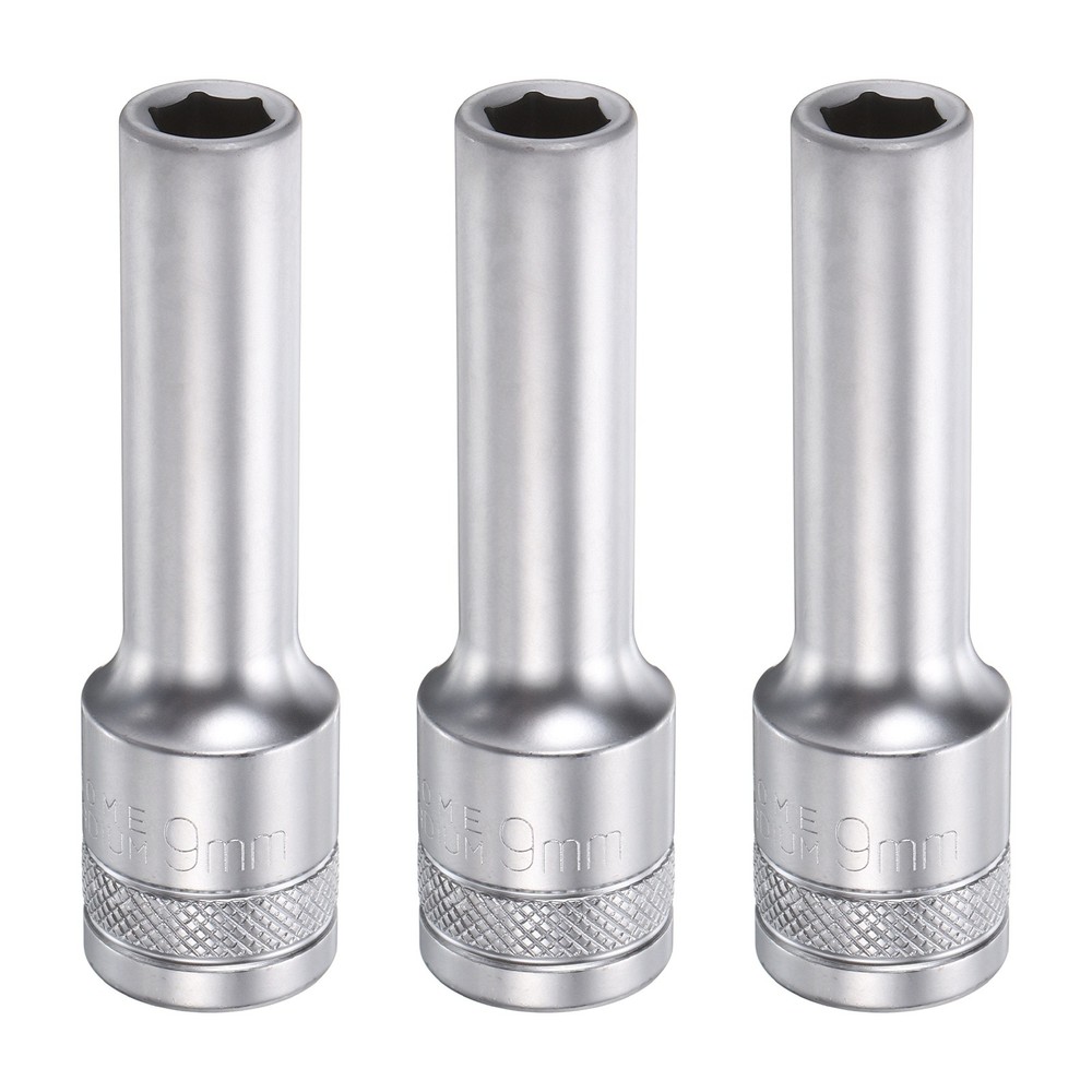 3pcs 6 Points Deep Socket 1/2" Drive 9mm Nickel Plating Hex Socket 3.1" Long