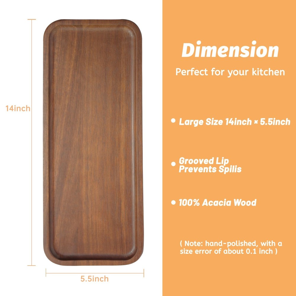 Solid Acacia Wood Serving Tray - 3 Pack, 14 x 5.5 Rectangular Wooden Serving Pla