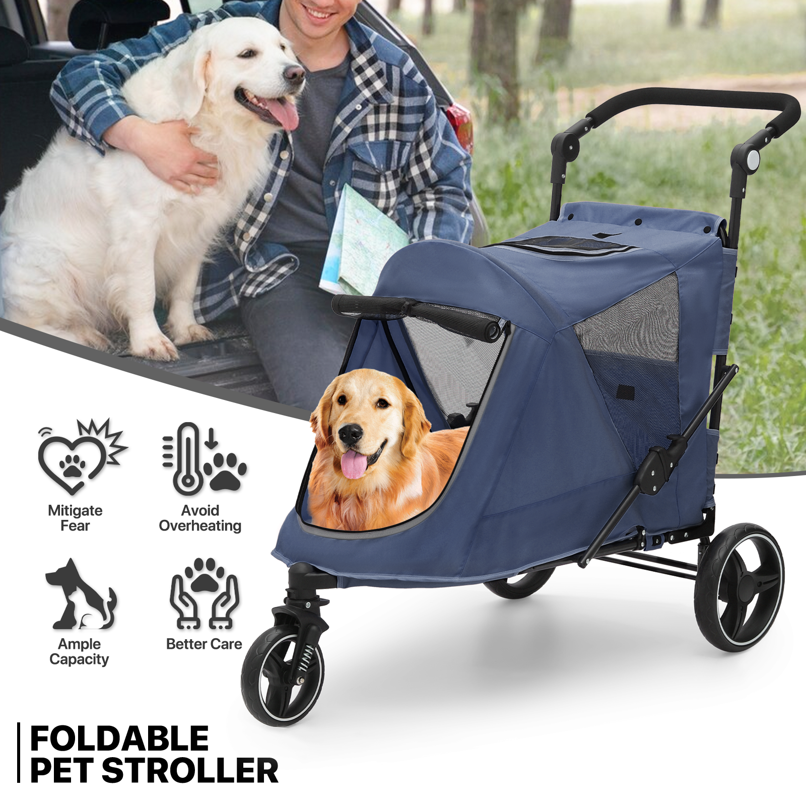Foldable Dog Stroller Breathable Pet Travel Carrier Cart w/Foot Activated Lock