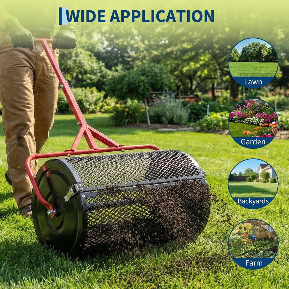 Peat Moss Spreader 24" Compost Spreader with T Shaped Handle 3 Height Adjustable