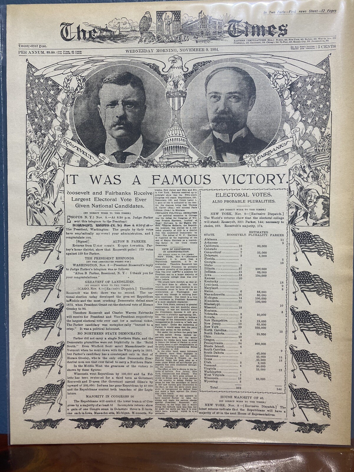 VINTAGE NEWSPAPER HEADLINE ~PRESIDENT TEDDY ROOSEVELT LANDSLIDE VICTORY NOV 1904