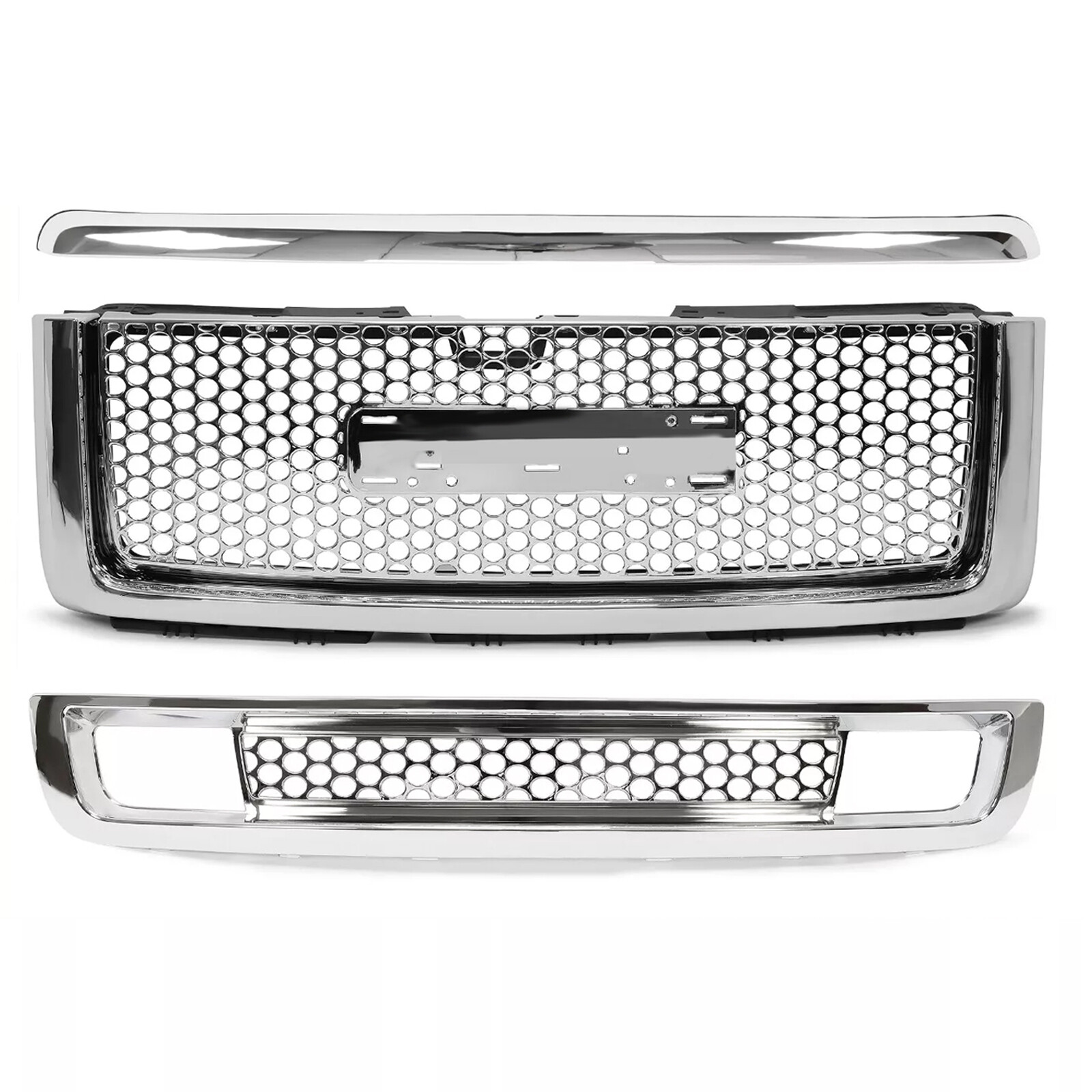 Front Upper & Lower Hood Grille + Hood Molding Trim For GMC Sierra 1500 2007-13