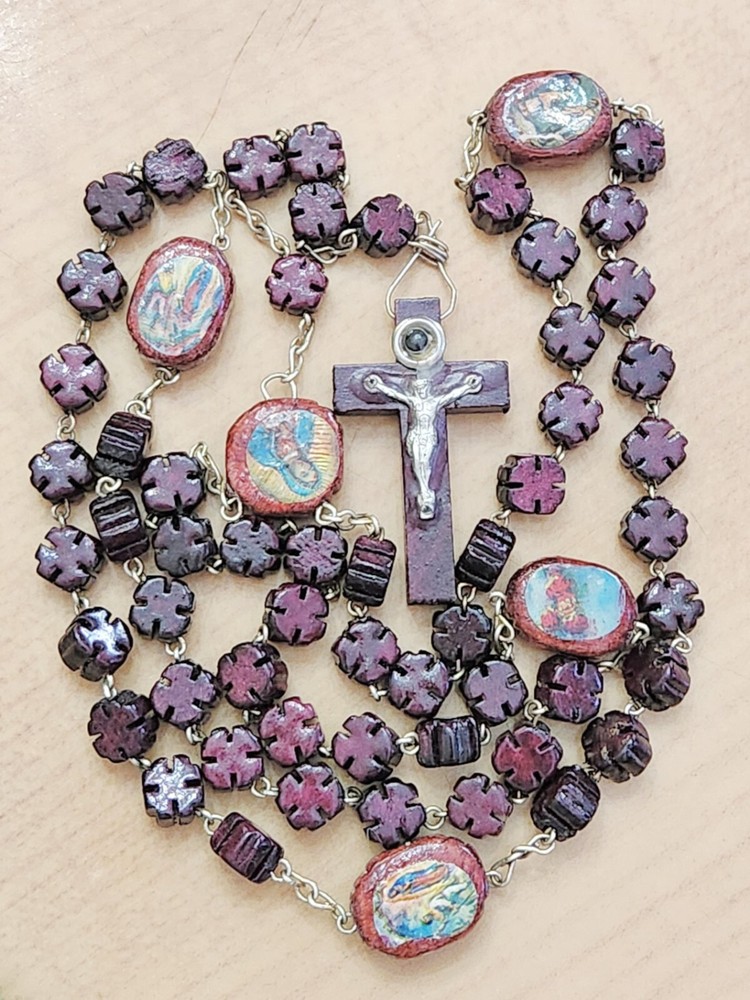 ROSARY Carved Maltese WOOD Our Lady of Guadalupe LUPITA MÉXICO Roses Cherubs