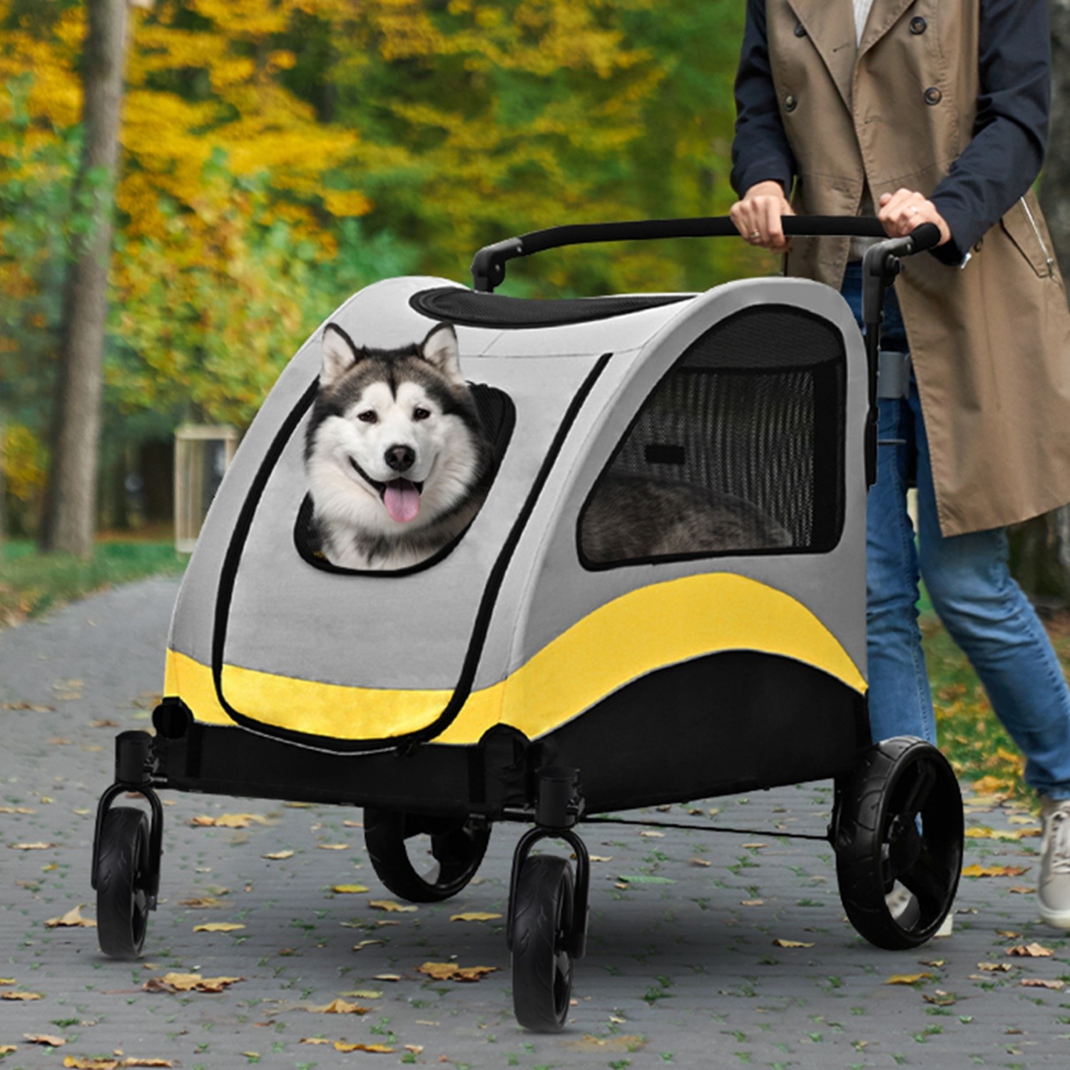 Foldable Large Pet Jogger Wagon Stroller with 4 Heavy Wheels Adjustable Handle