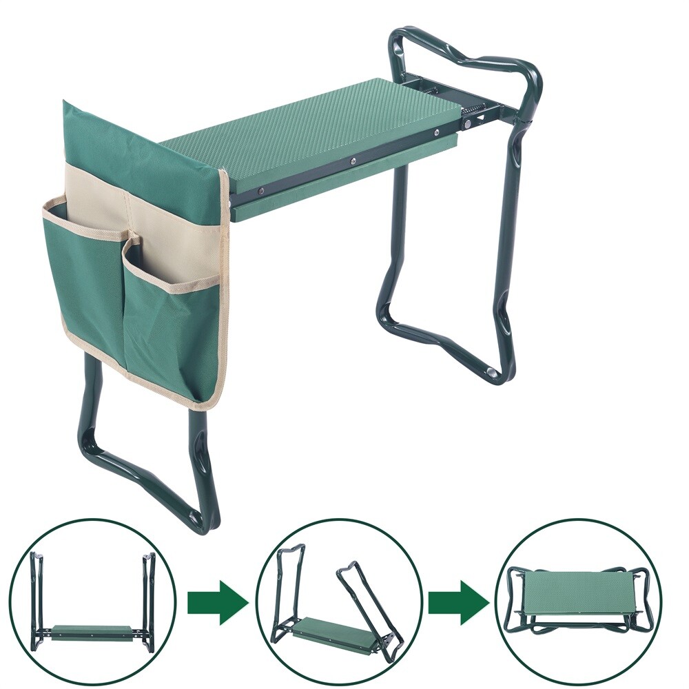 Dual Function Folding Garden Kneeler Stool with Tool Bag and Soft Cushion Pad