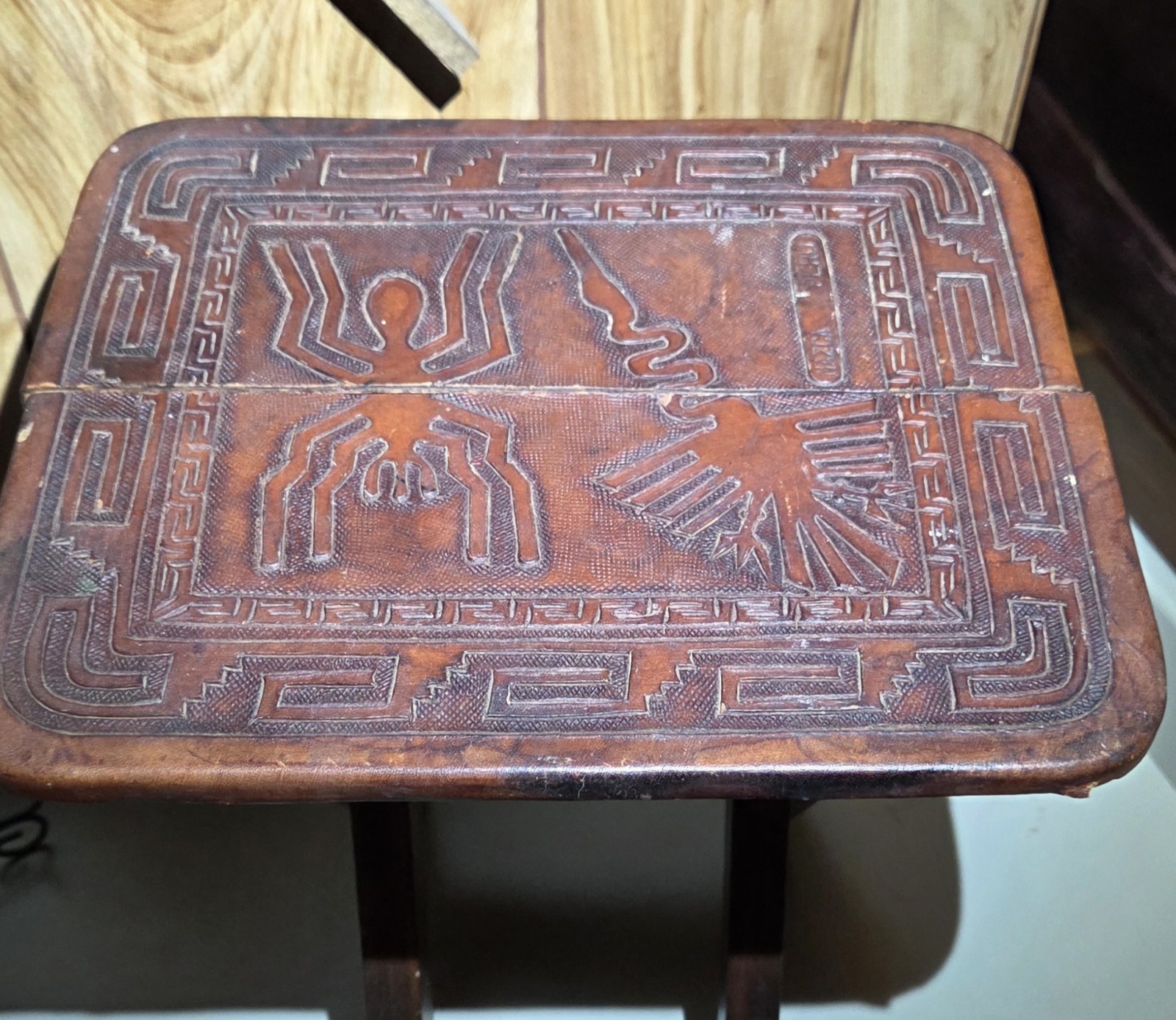 VTG Peruvian Peru Folding Hand Tooled Leather & Wood Collapsible Stool Or Table