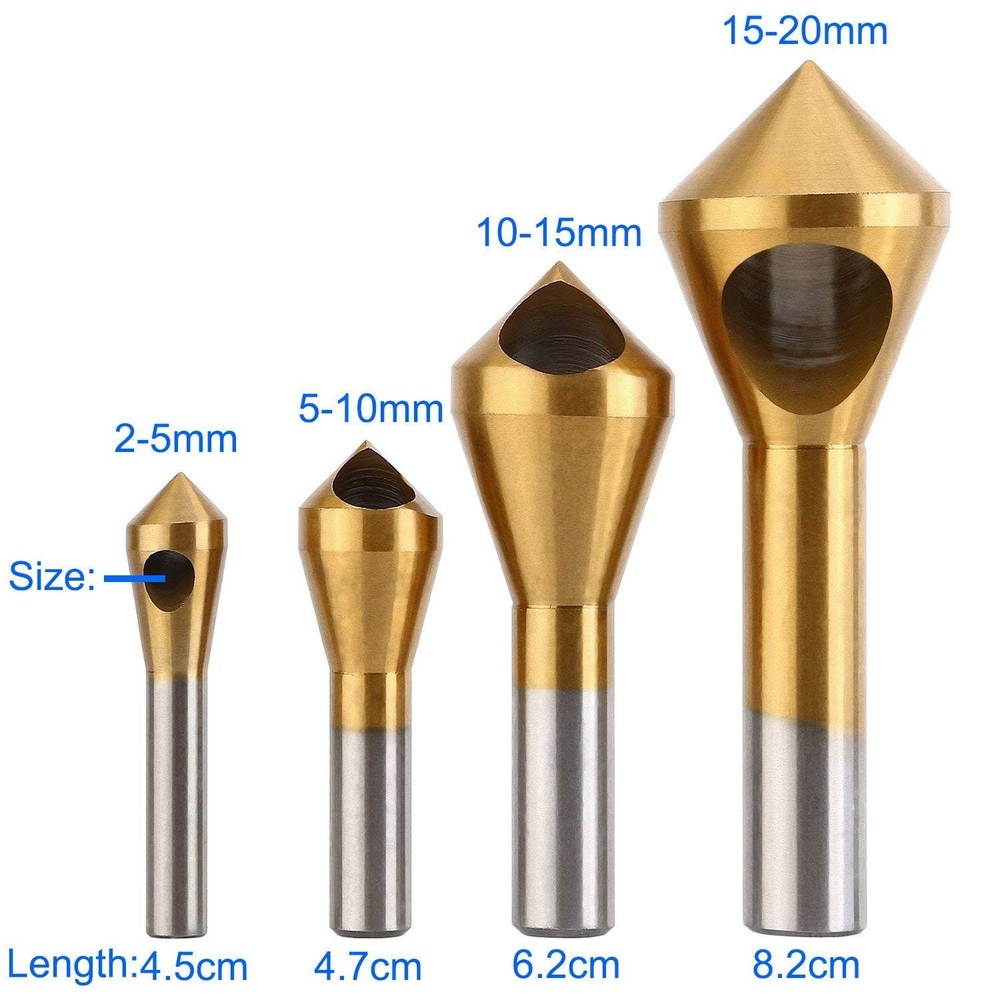 4pcs Titanium Coated Countersink Chamfer Tool Deburring Tool Set Metal Wood D...