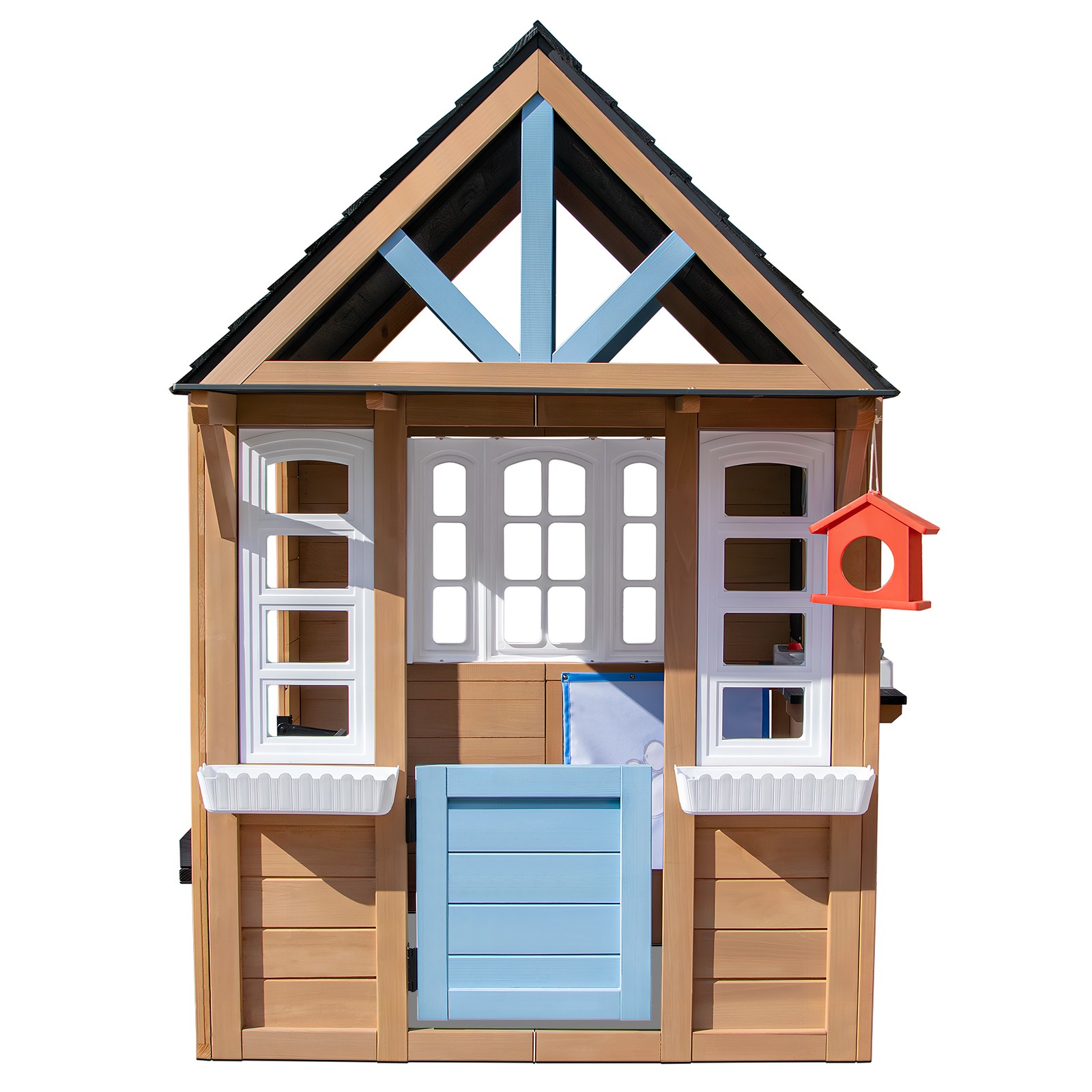 Kids Wooden Playhouse Cottage w/Bench,Play Kitchen,Chalkboard,Flowerpot,Birdcage