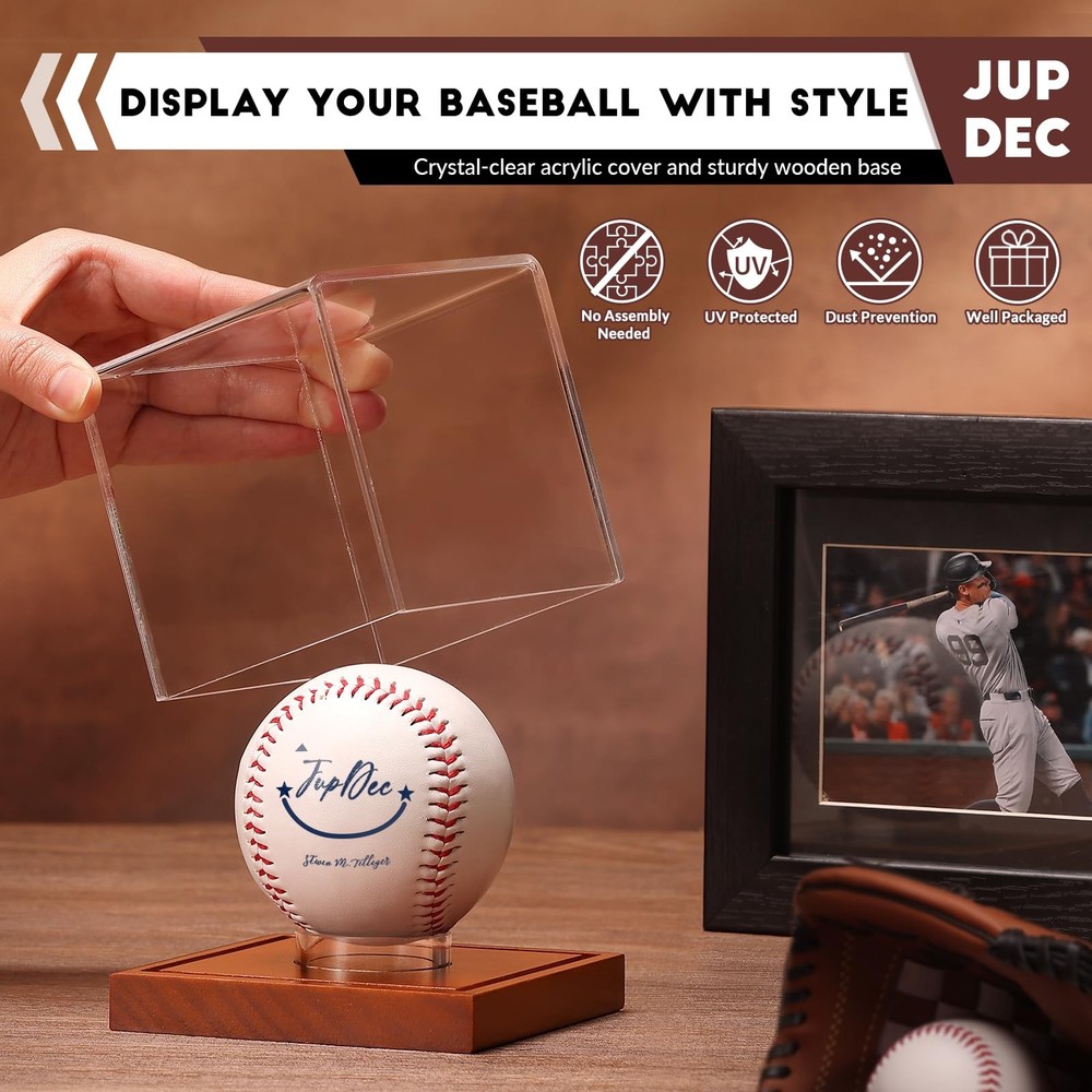 JupDec Baseball Display Case, Clear Cube Holder with 2 Pack, Brown