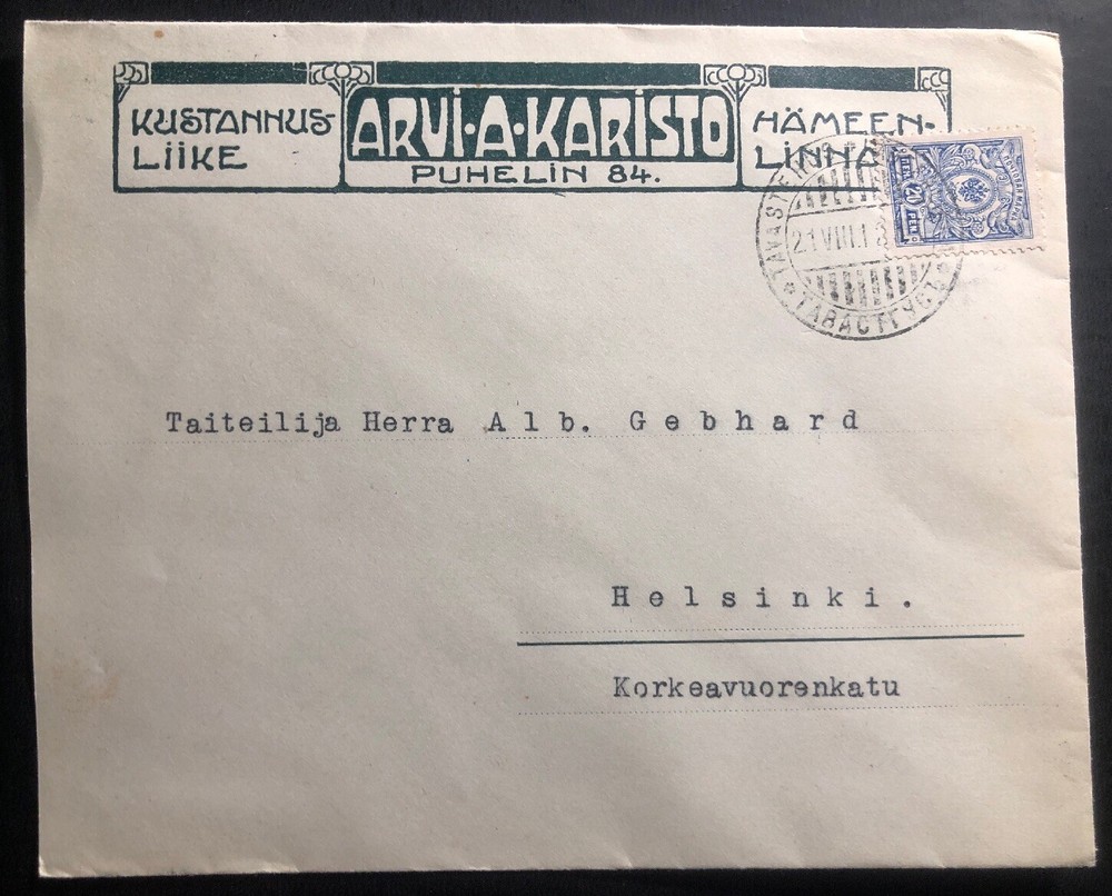 1912 Hämeenlinna Finland Russia Occupation Commercial Cover To Helsinki