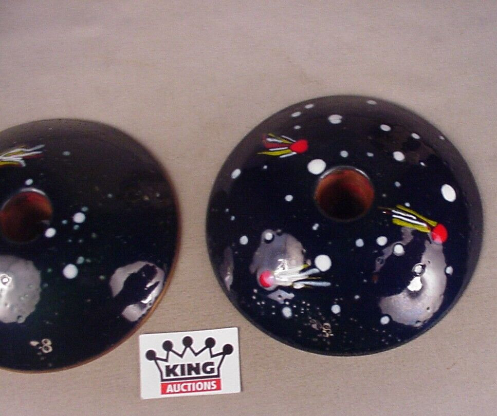 Vintage Copper Candle Holders Enamel Atomic Space Age MCM Comets Asteroids