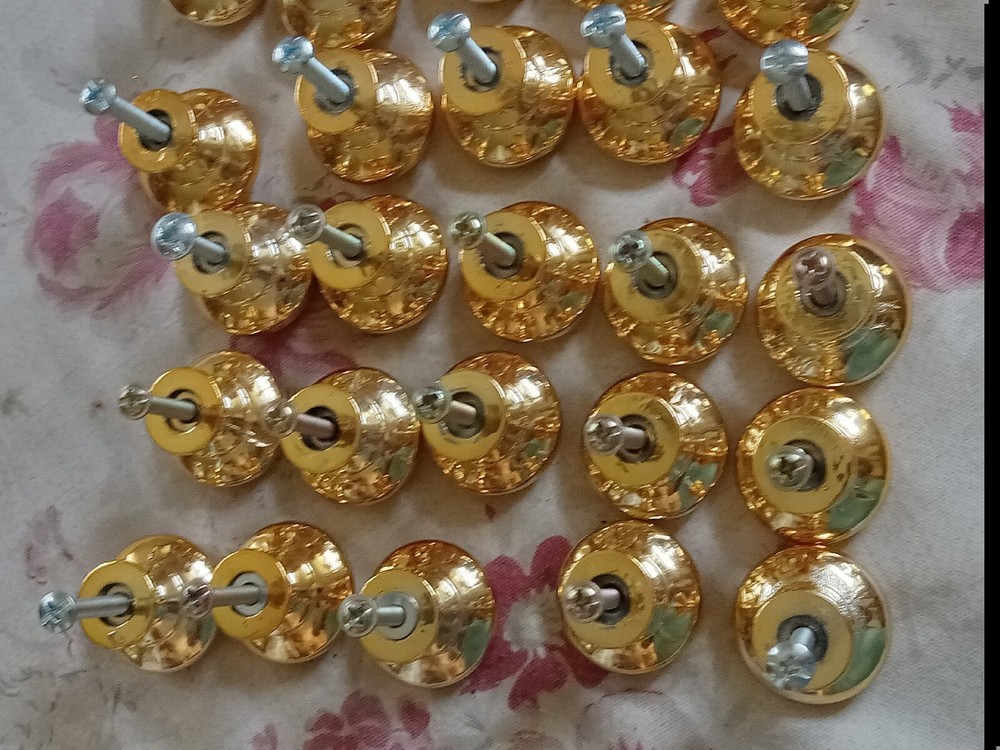 Knobs 29 Gold Tone Metal , 1" Round ~ with some screws Kitchen ~