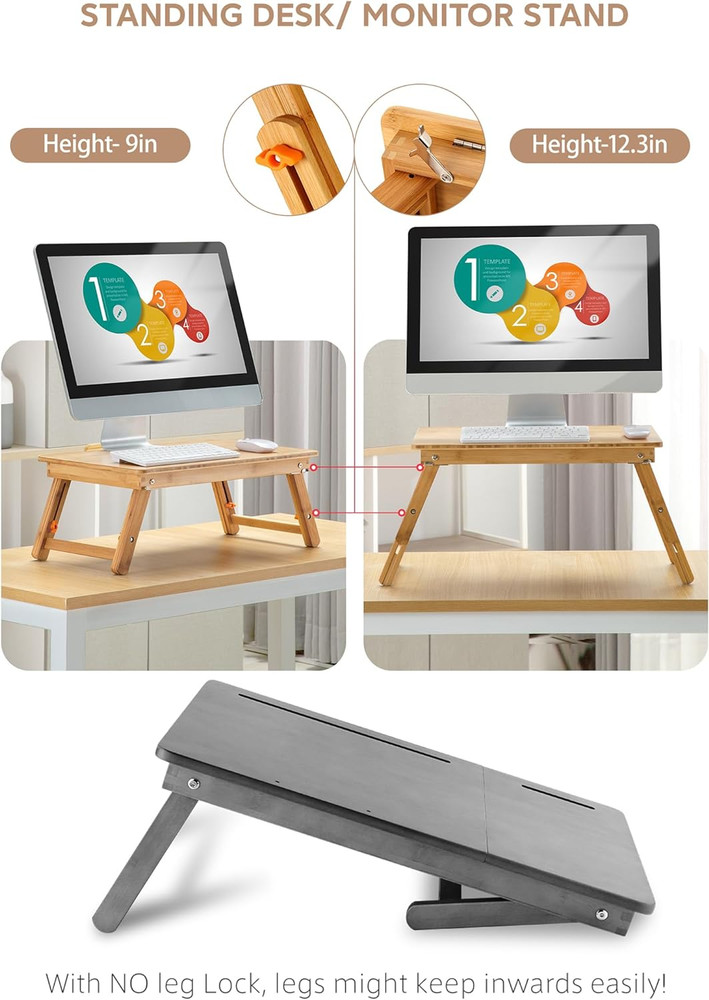 Laptop Desk Table Adjustable 100% Bamboo Foldable Breakfast Serving Bed Tray W'
