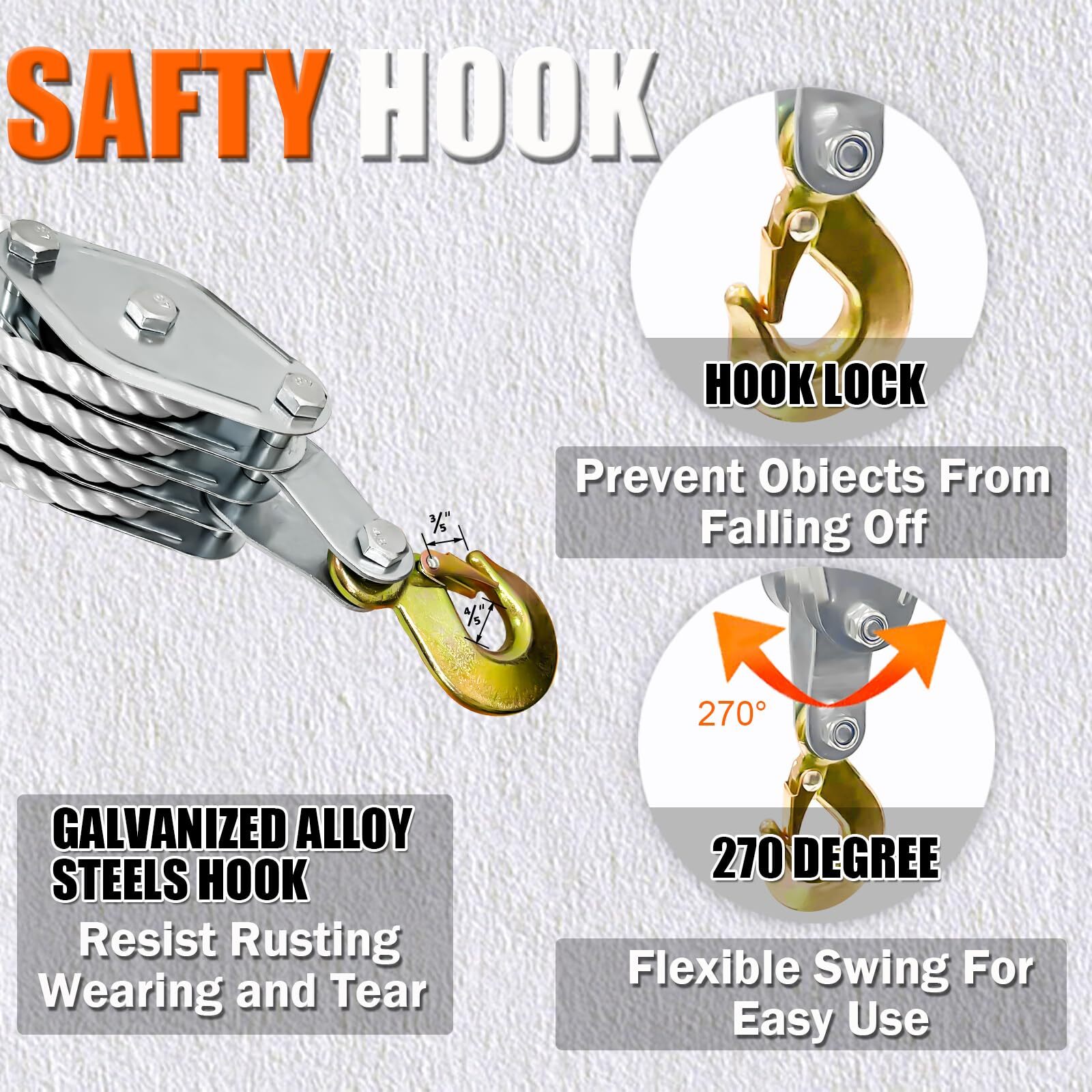 Rope Pulley Hoist 4400 LB, 8:1 Lifting Power Pulley Block and Tackle System