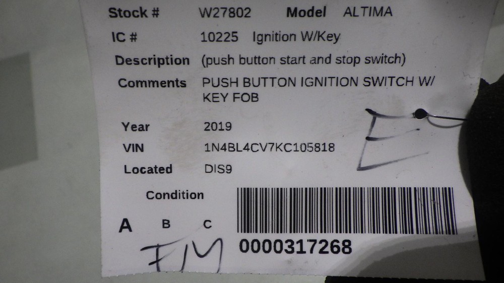 19 NISSAN ALTIMA Push Button Ignition Switch W/ Key