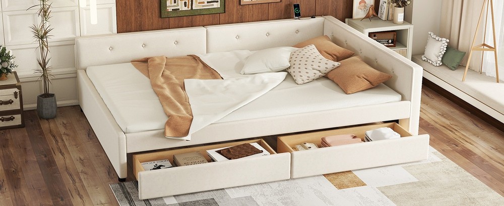 Full Size Upholstered Platform Bed with USB and 2 Drawers, Beige