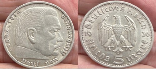 UNC 1936-E GERMANY 5 REICHSNARK SILVER COIN